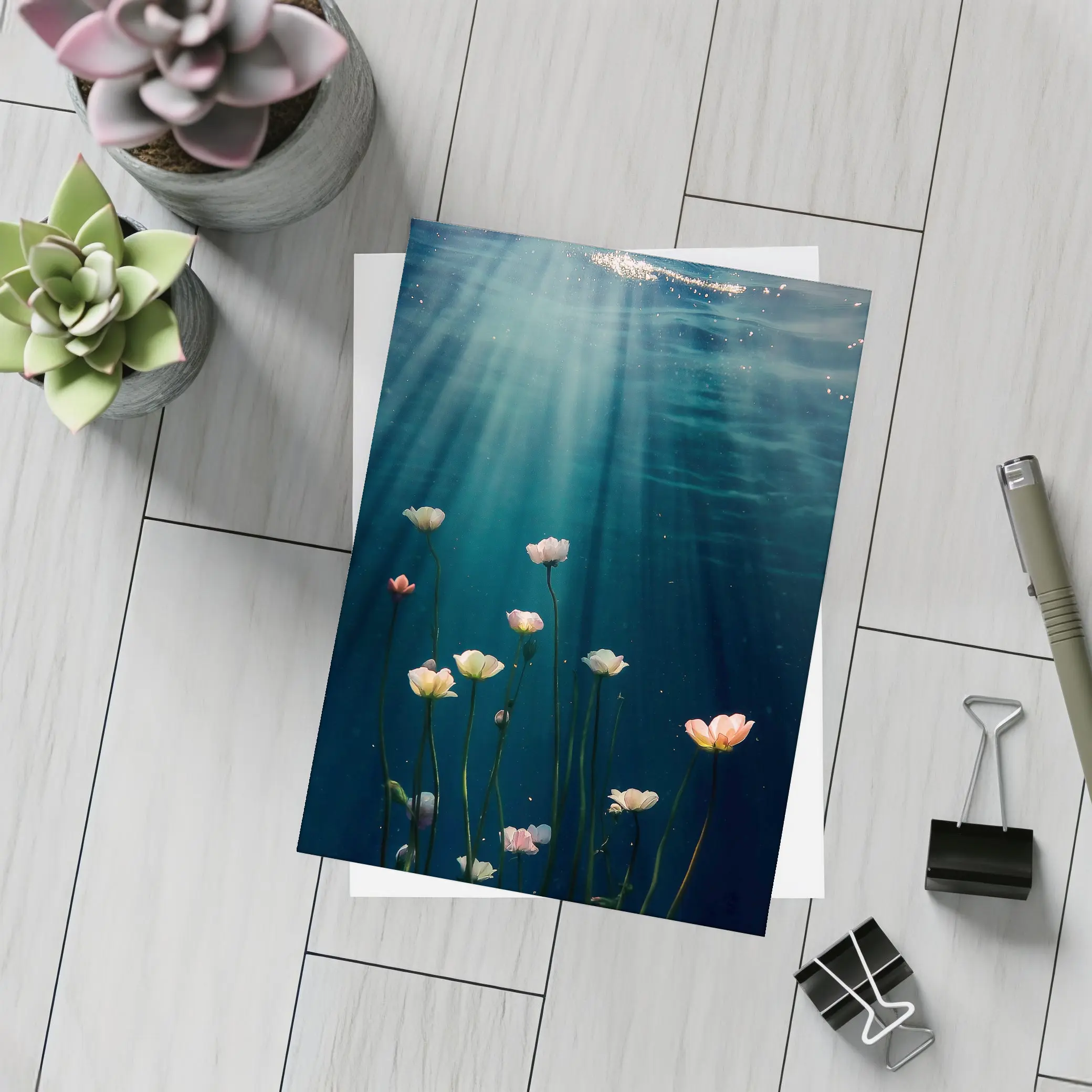 White Flowers Floating Underwater Ocean Light – Postcards