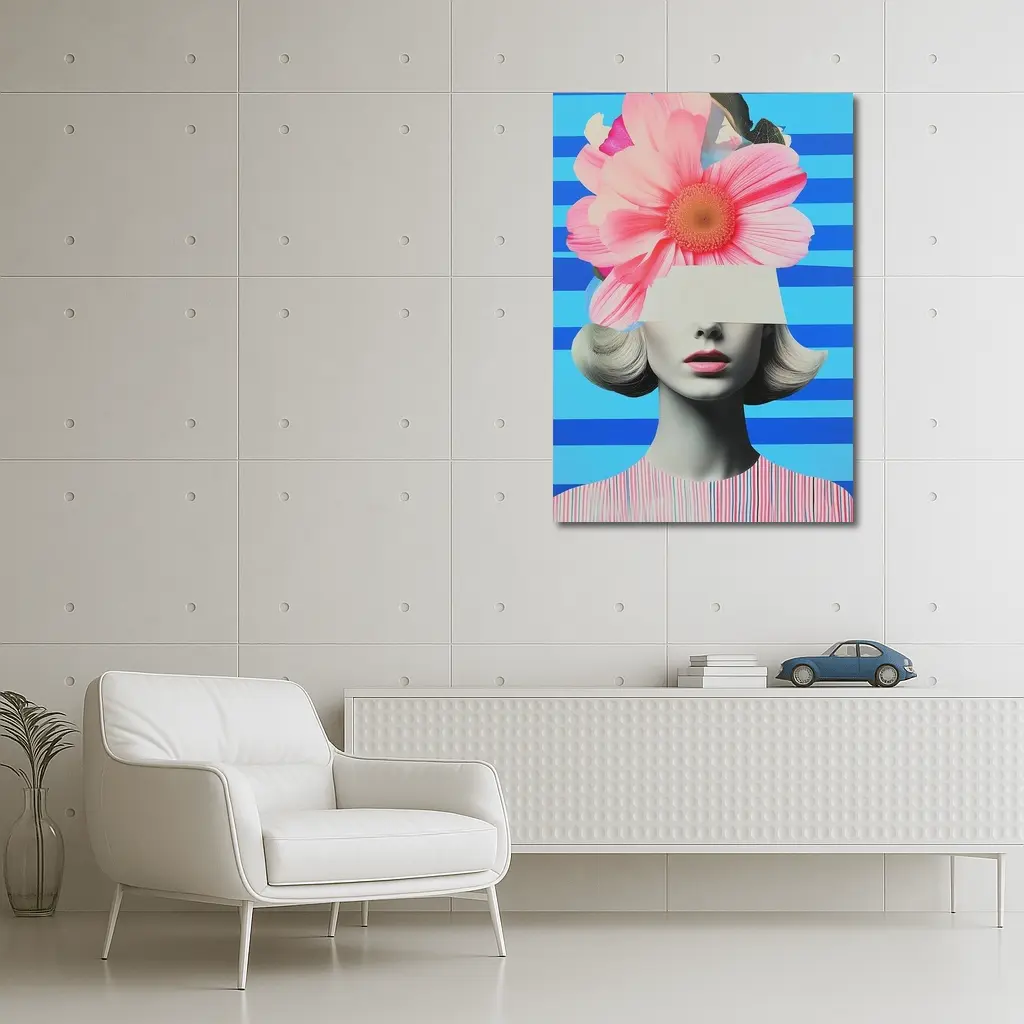 Retro Woman Pink Flowers Blue Stripes Collage – Wall Art