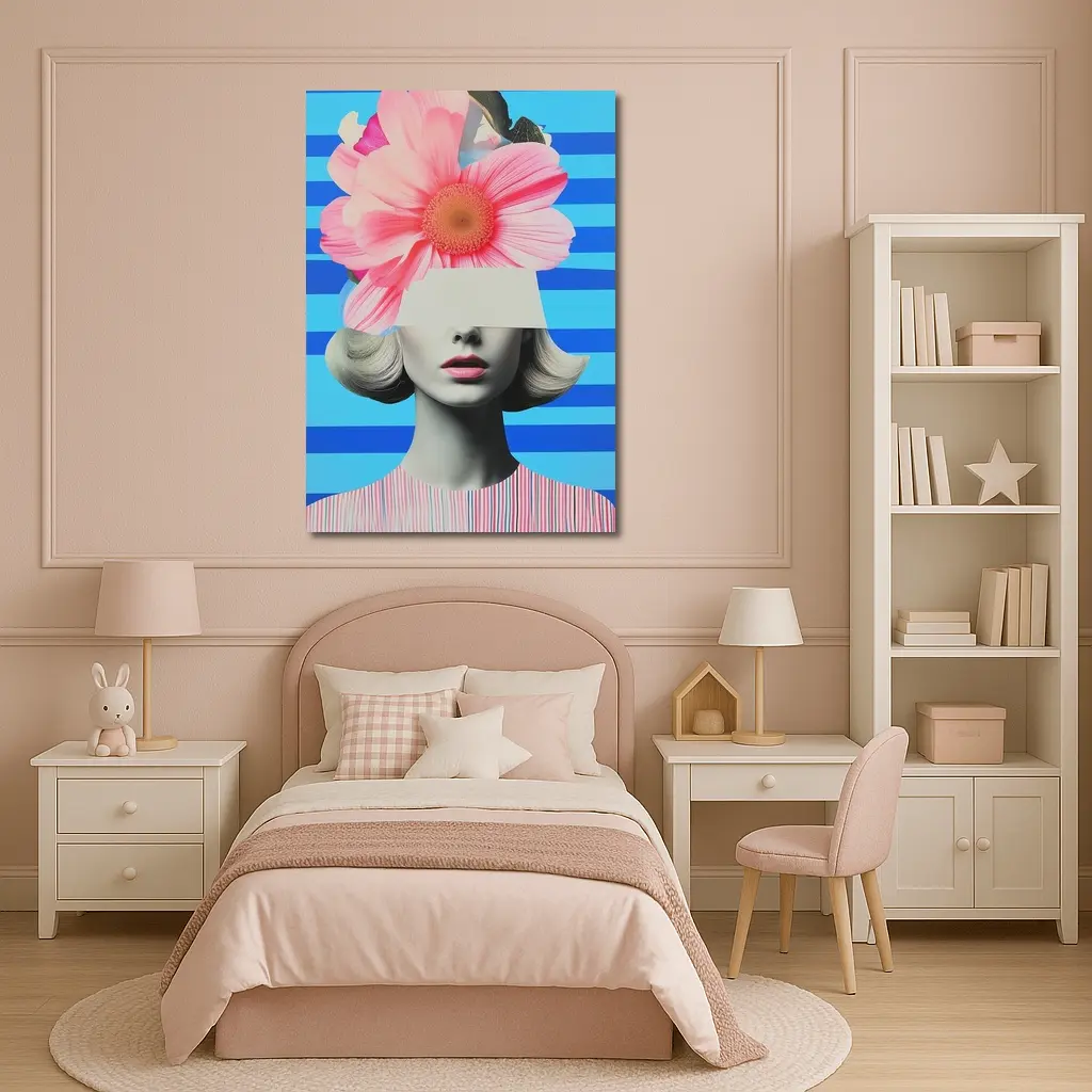 Retro Woman Pink Flowers Blue Stripes Collage – Wall Art