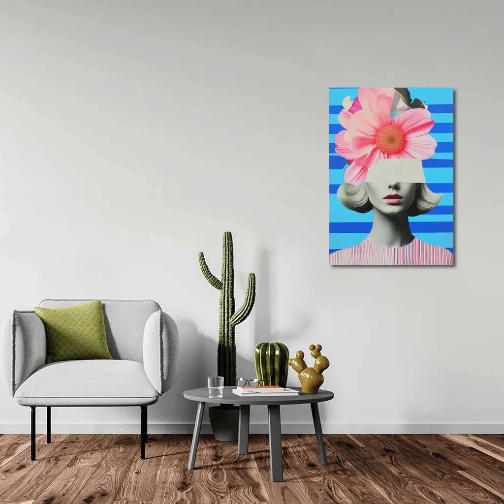 Retro Woman Pink Flowers Blue Stripes Collage – Wall Art