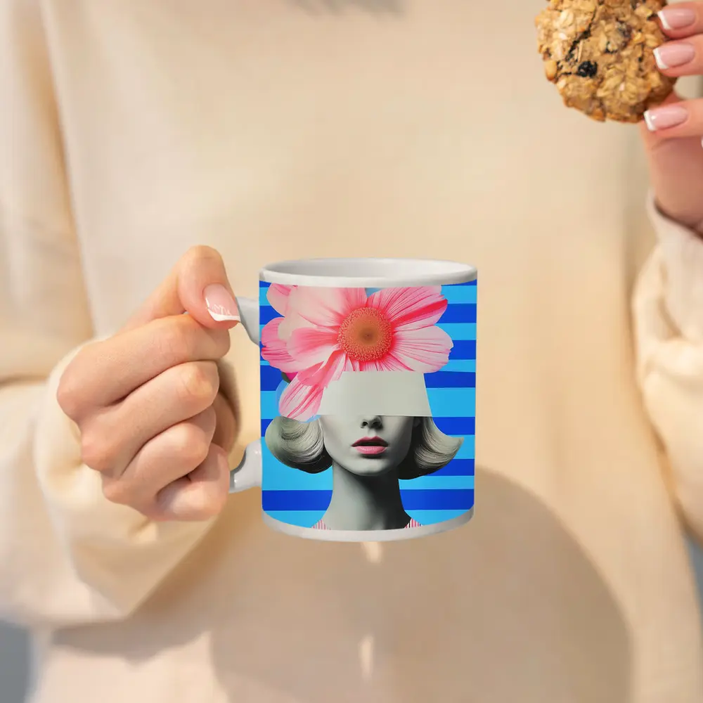 Retro Woman Pink Flowers Blue Stripes Collage – Mugs