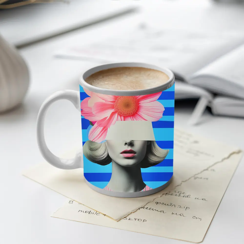 Retro Woman Pink Flowers Blue Stripes Collage – Mugs