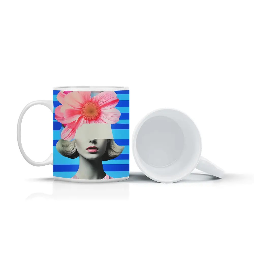 Retro Woman Pink Flowers Blue Stripes Collage – Mugs