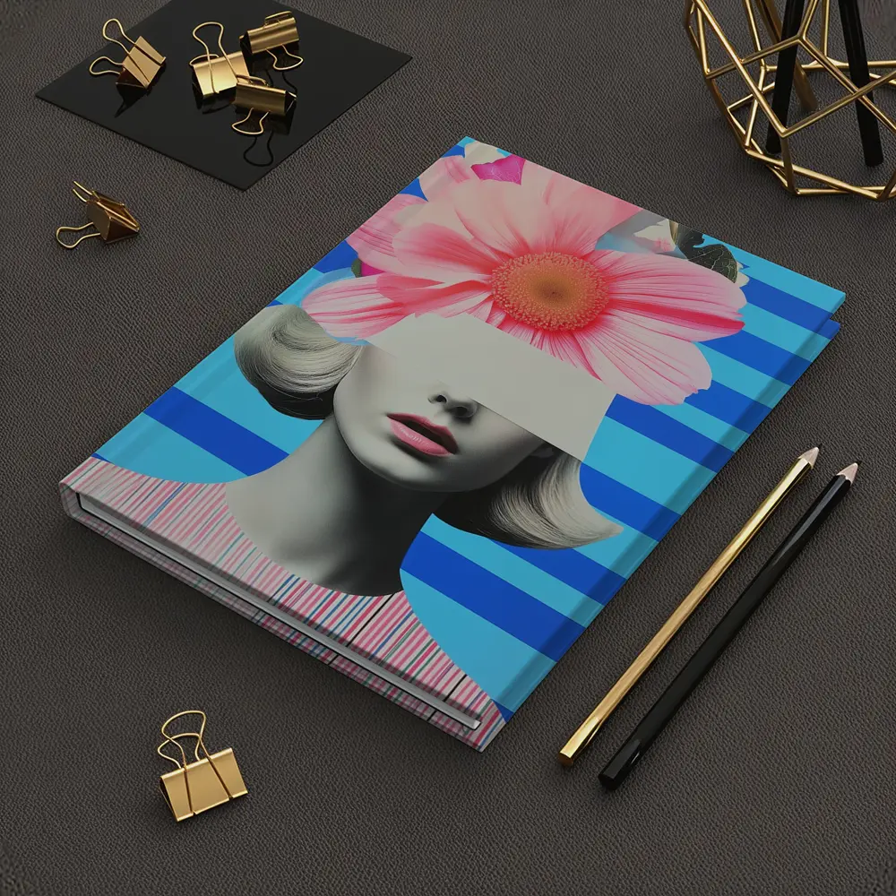 Retro Woman Pink Flowers Blue Stripes Collage – Notebooks