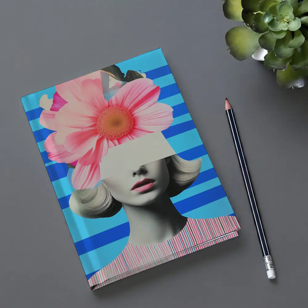 Retro Woman Pink Flowers Blue Stripes Collage – Notebooks