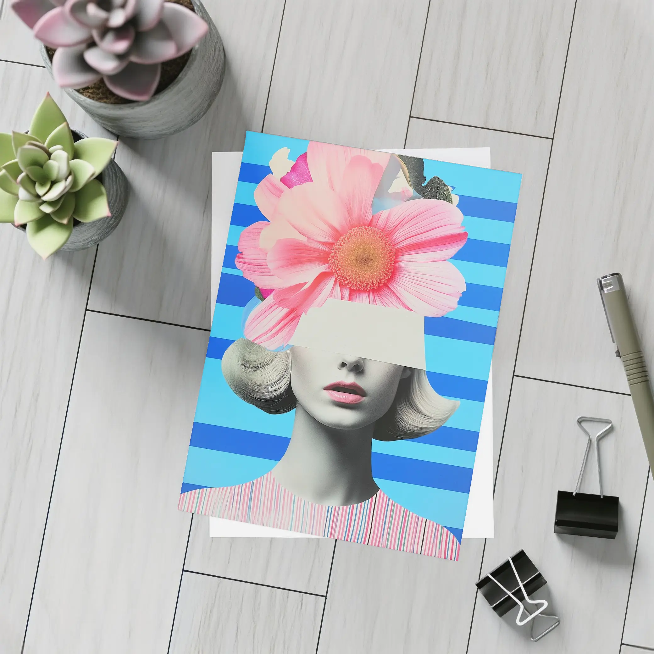 Retro Woman Pink Flowers Blue Stripes Collage – Postcards
