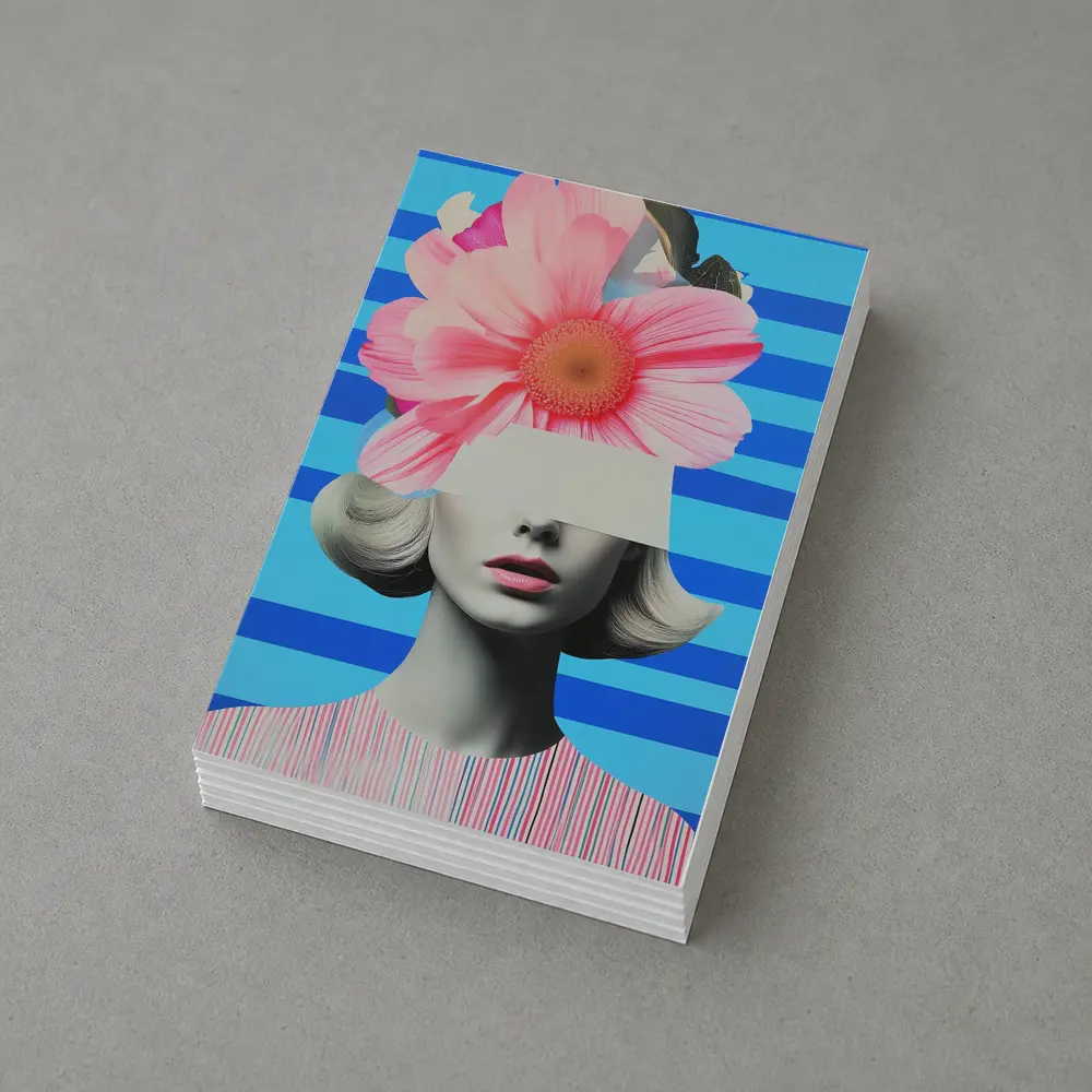Retro Woman Pink Flowers Blue Stripes Collage – Postcards