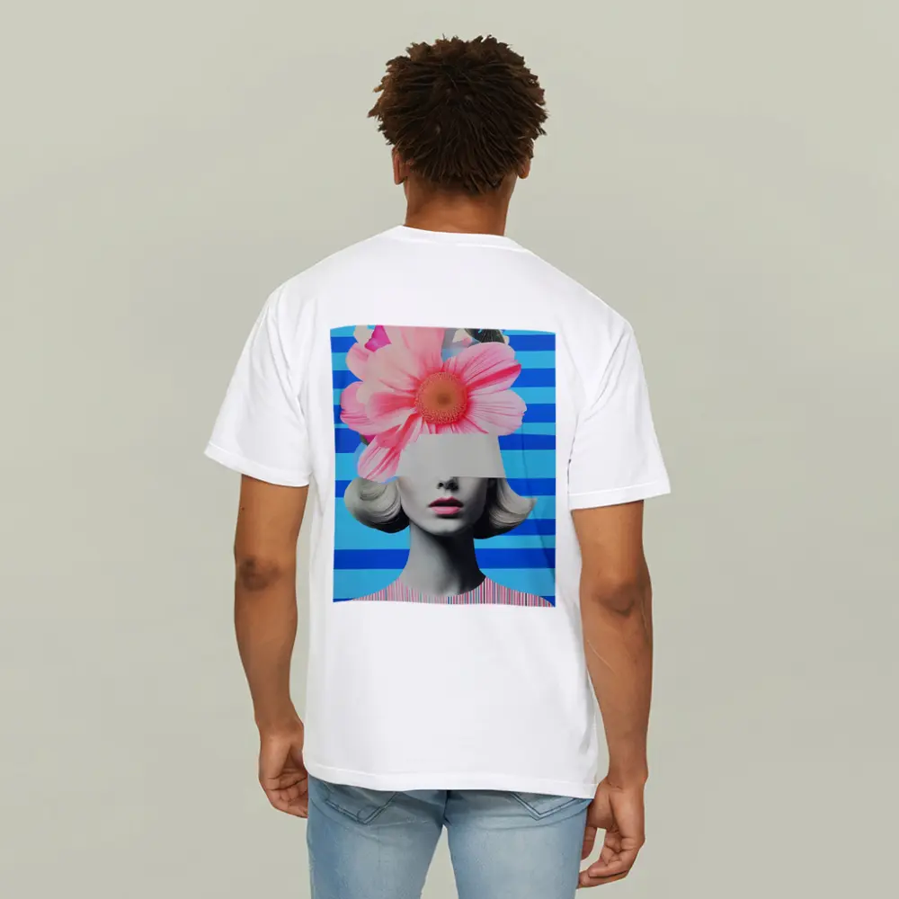 Retro Woman Pink Flowers Blue Stripes Collage – T-Shirts