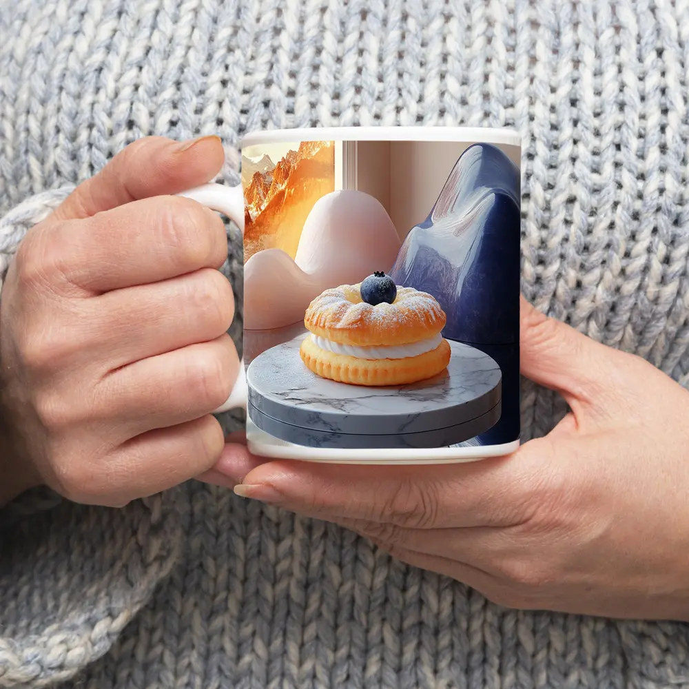 Cream Donut Blueberry Surreal Mountain Scene – Mugs