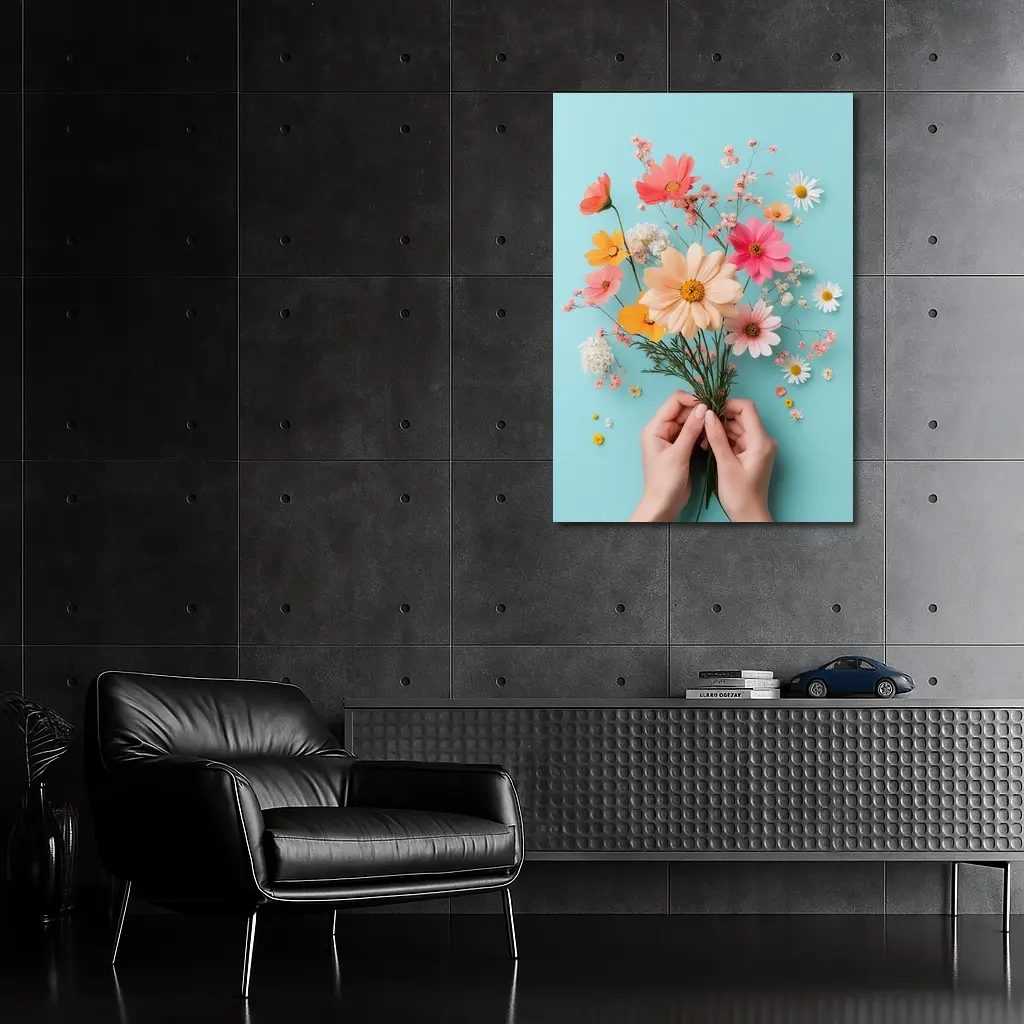 Hands Holding Wildflowers on Blue Background – Wall Art