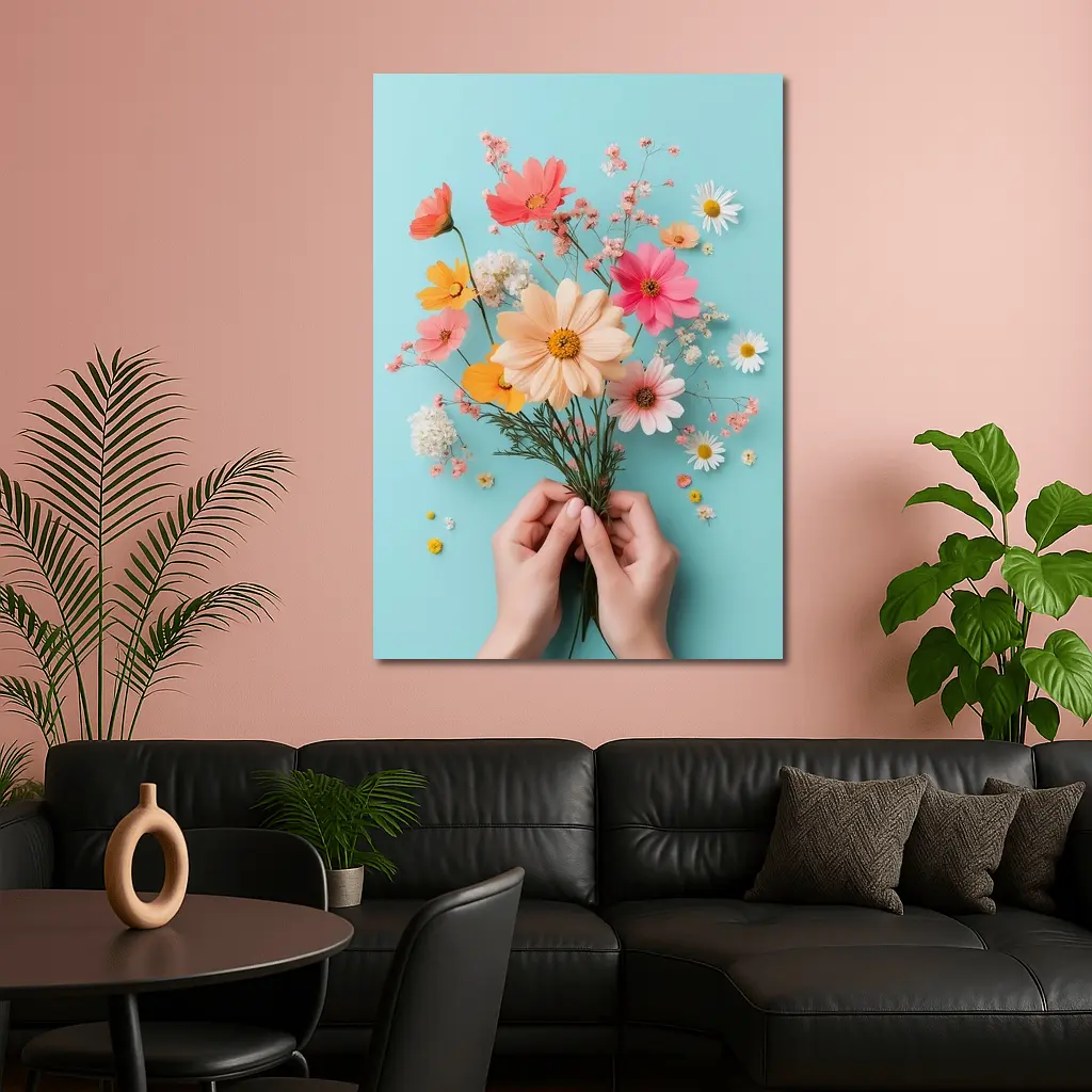 Hands Holding Wildflowers on Blue Background – Wall Art