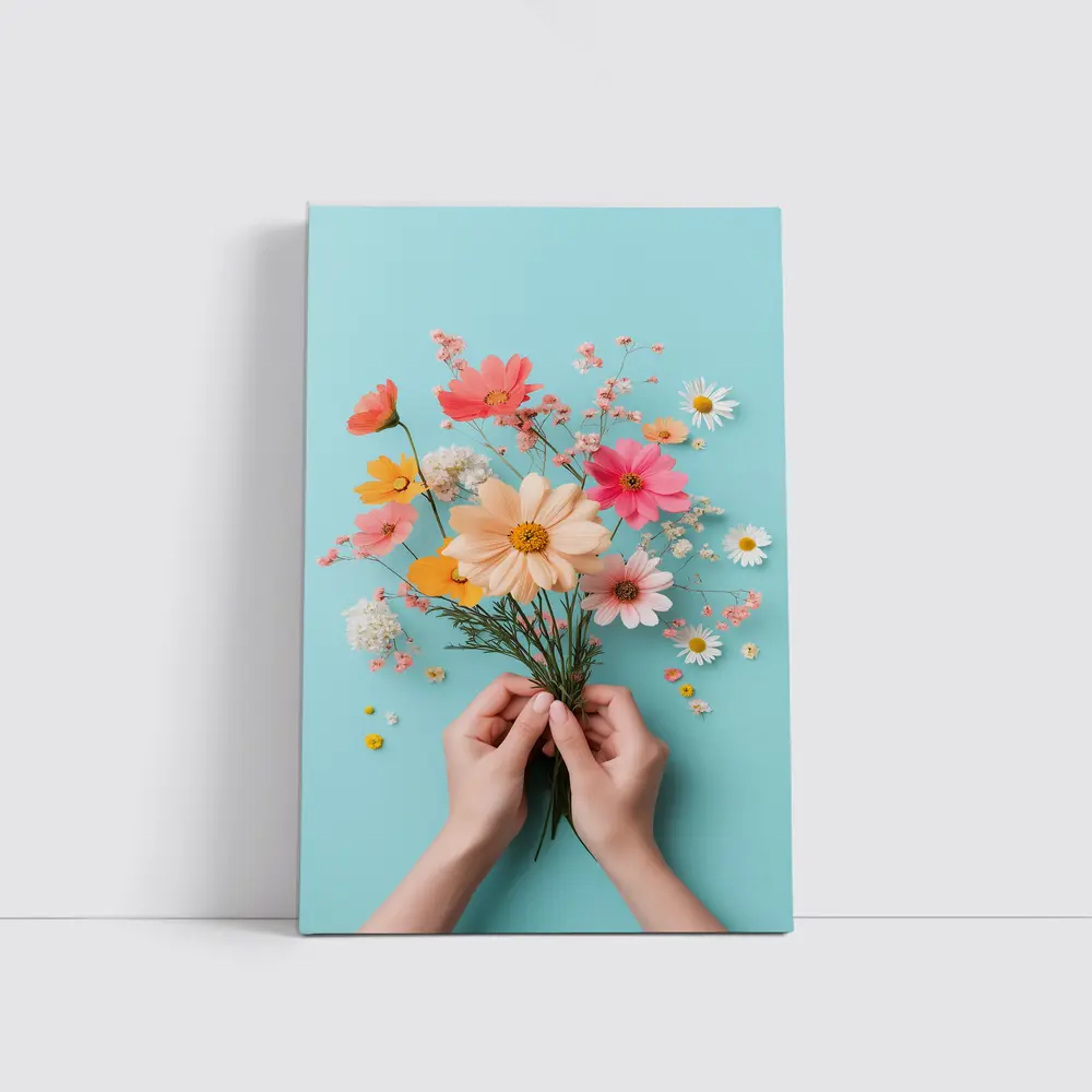 Hands Holding Wildflowers on Blue Background – Wall Art