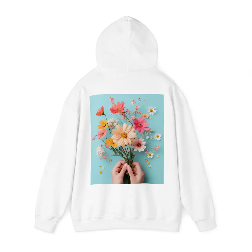 Hands Holding Wildflowers on Blue Background – Hoodies