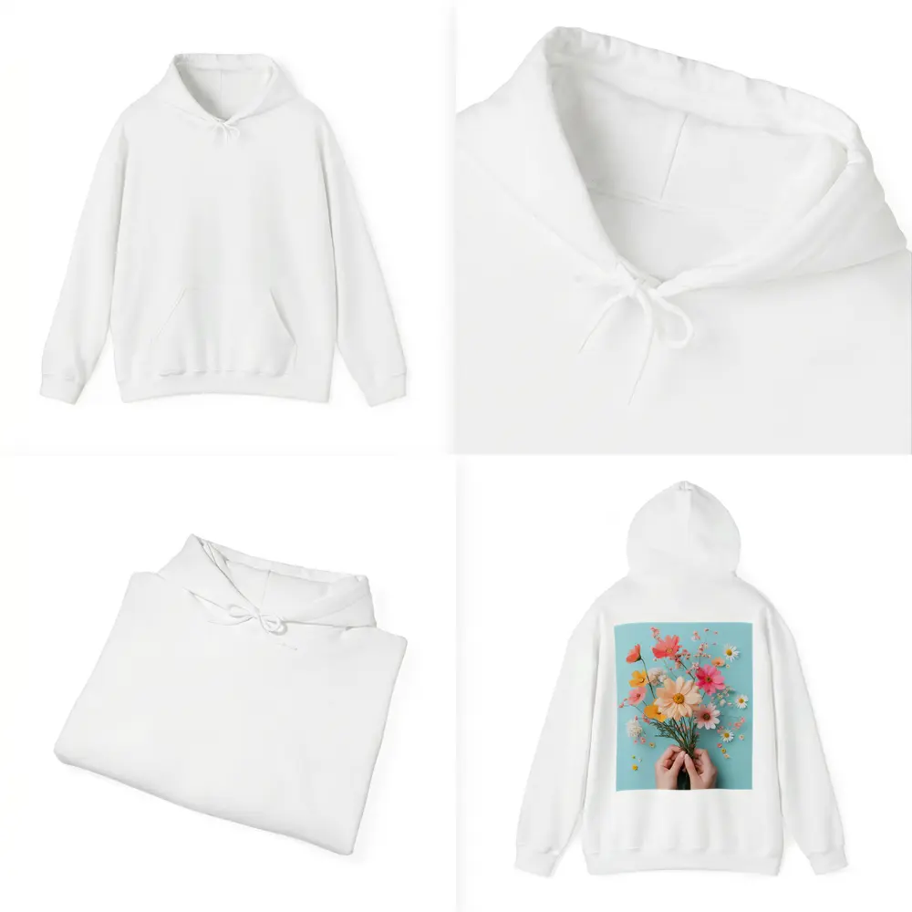 Hands Holding Wildflowers on Blue Background – Hoodies