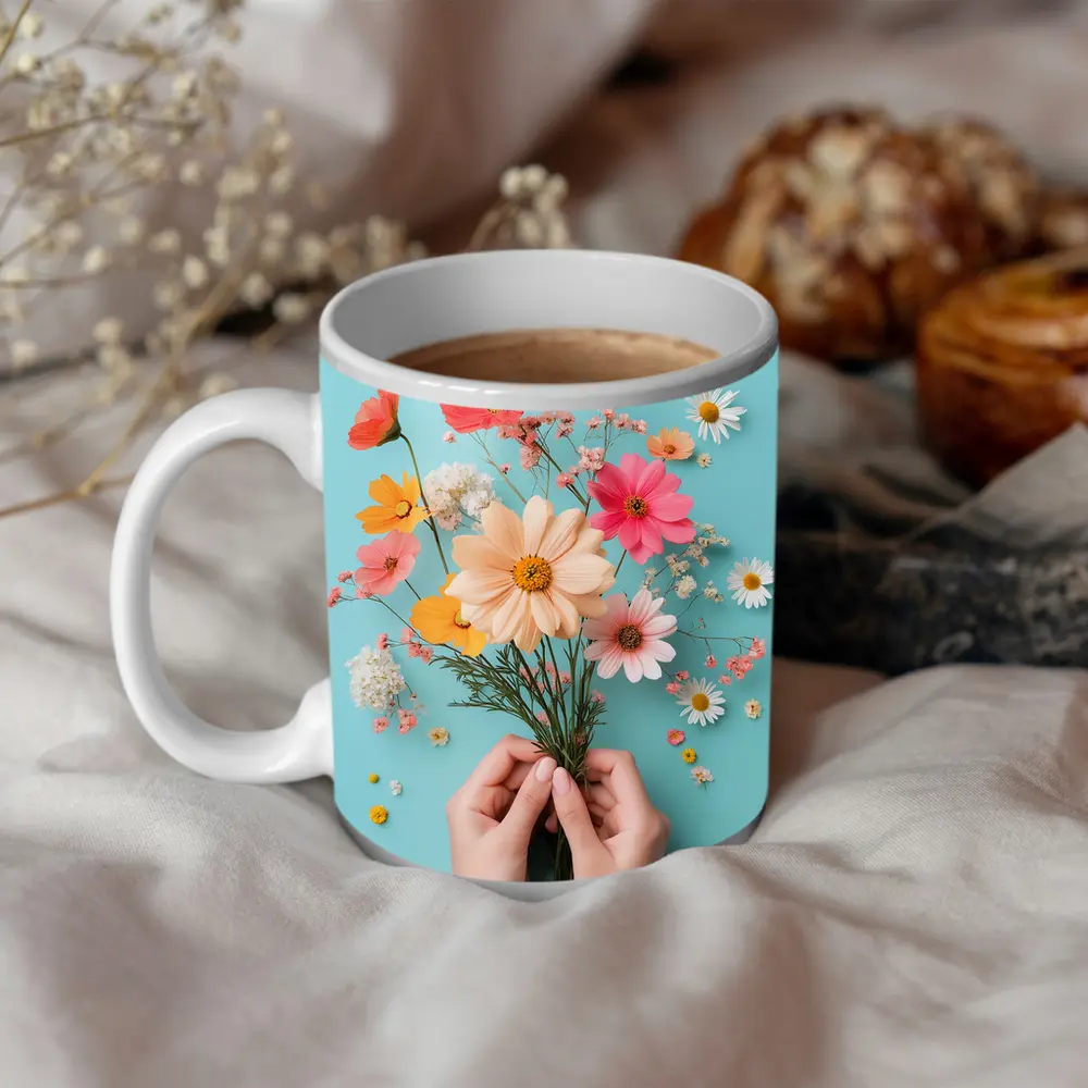 Hands Holding Wildflowers on Blue Background – Mugs