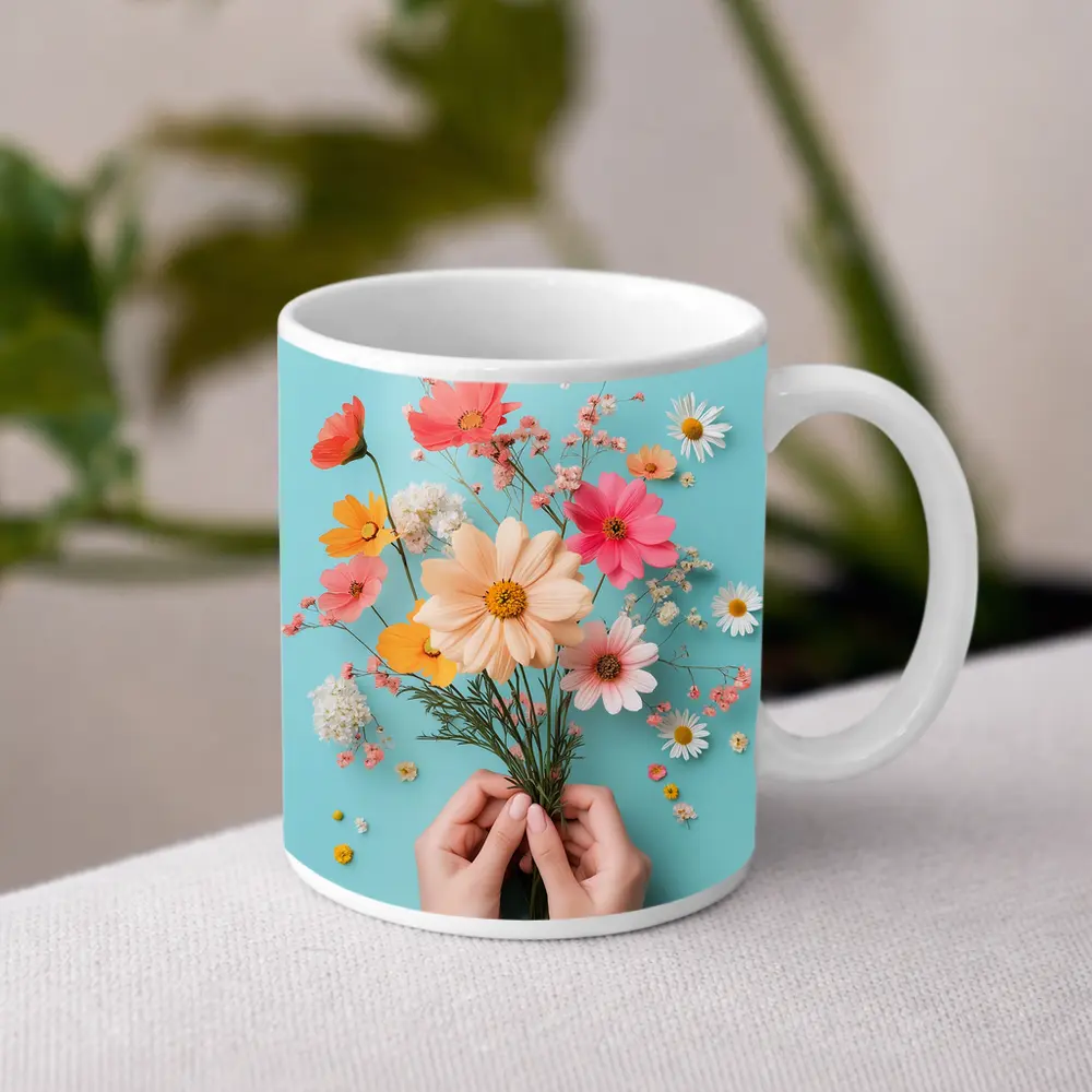 Hands Holding Wildflowers on Blue Background – Mugs