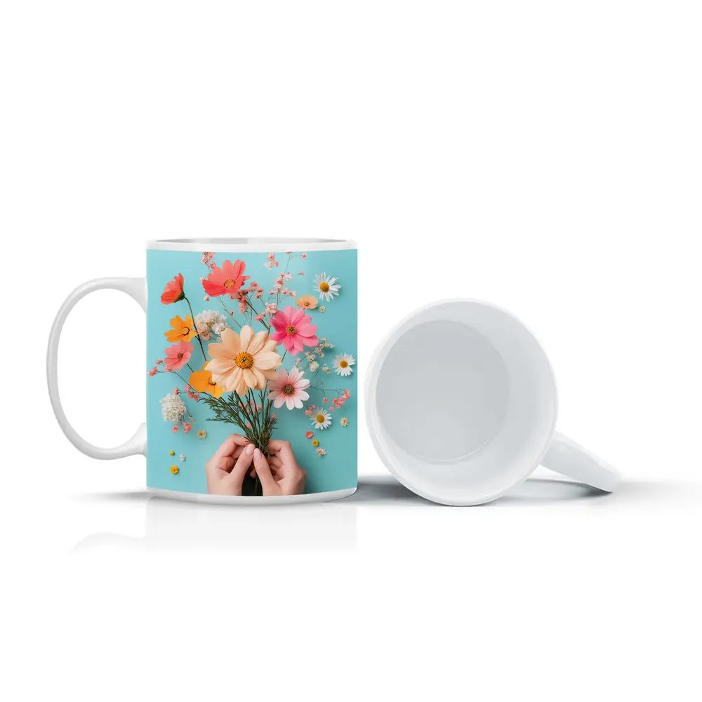 Hands Holding Wildflowers on Blue Background – Mugs
