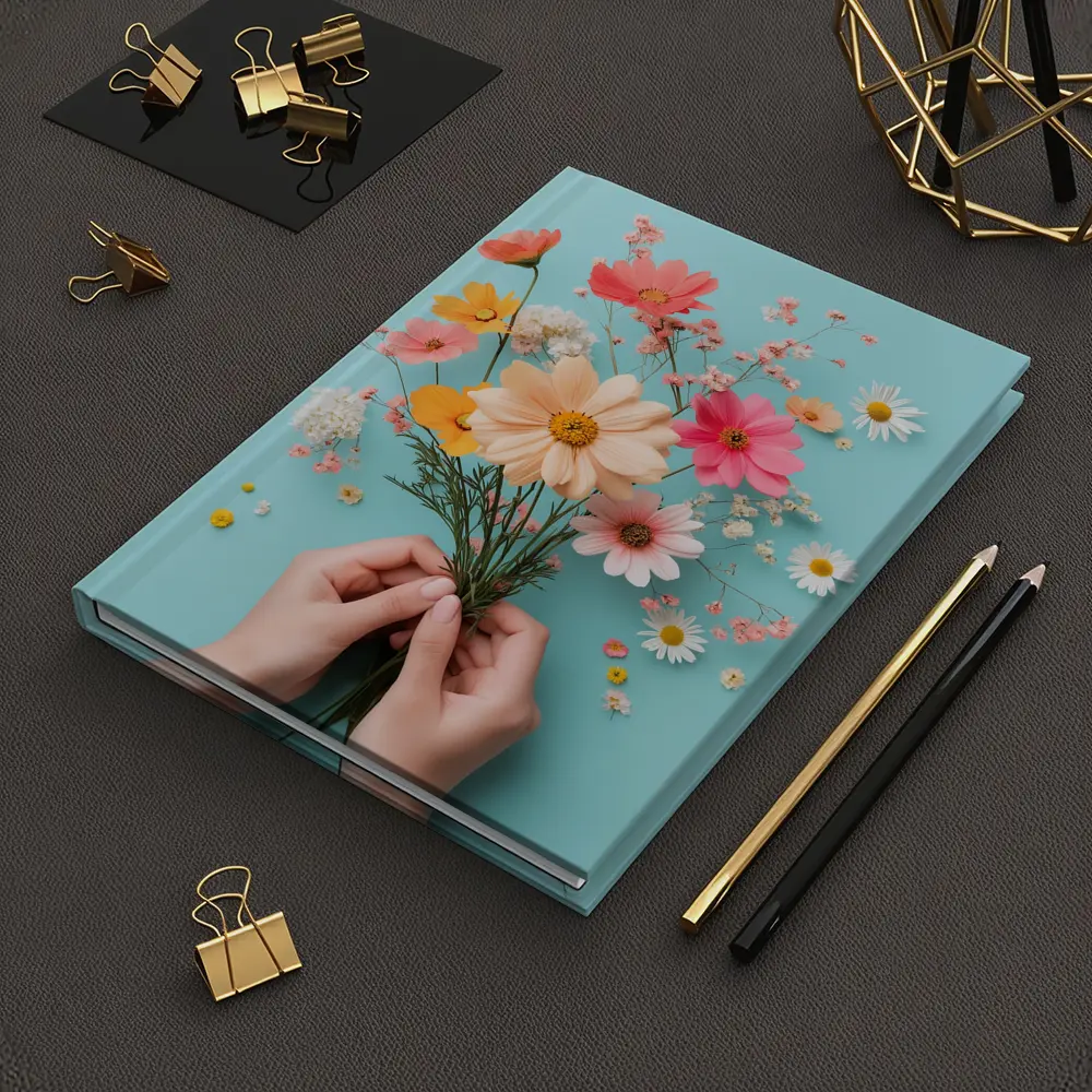 Hands Holding Wildflowers on Blue Background – Notebooks