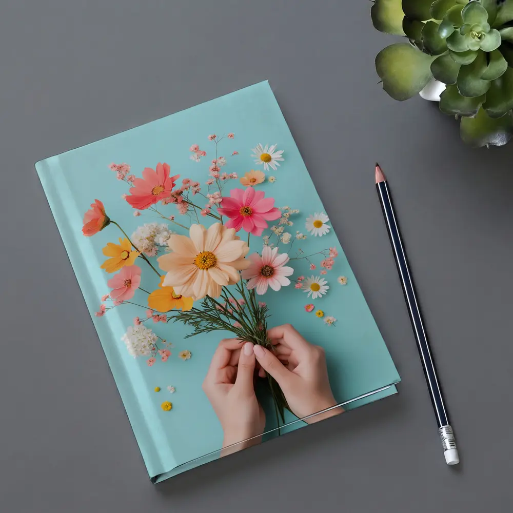 Hands Holding Wildflowers on Blue Background – Notebooks