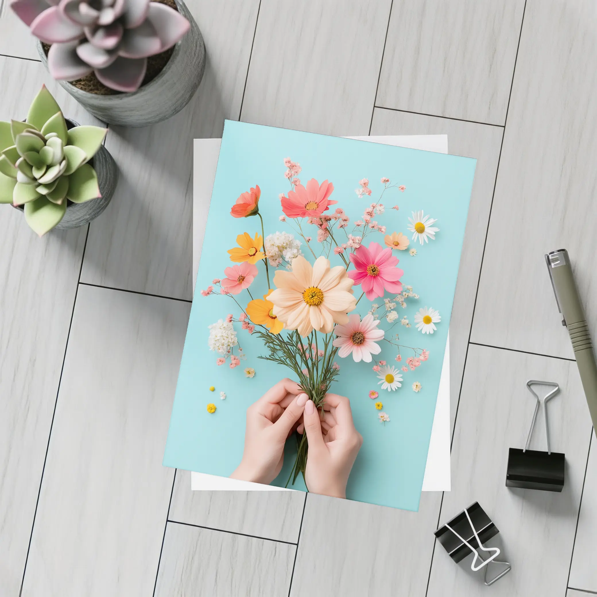 Hands Holding Wildflowers on Blue Background – Postcards