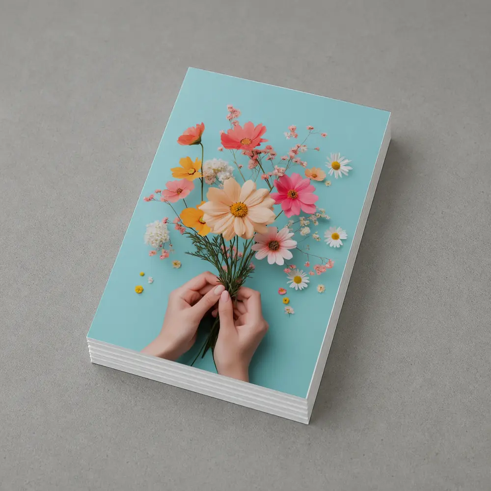 Hands Holding Wildflowers on Blue Background – Postcards