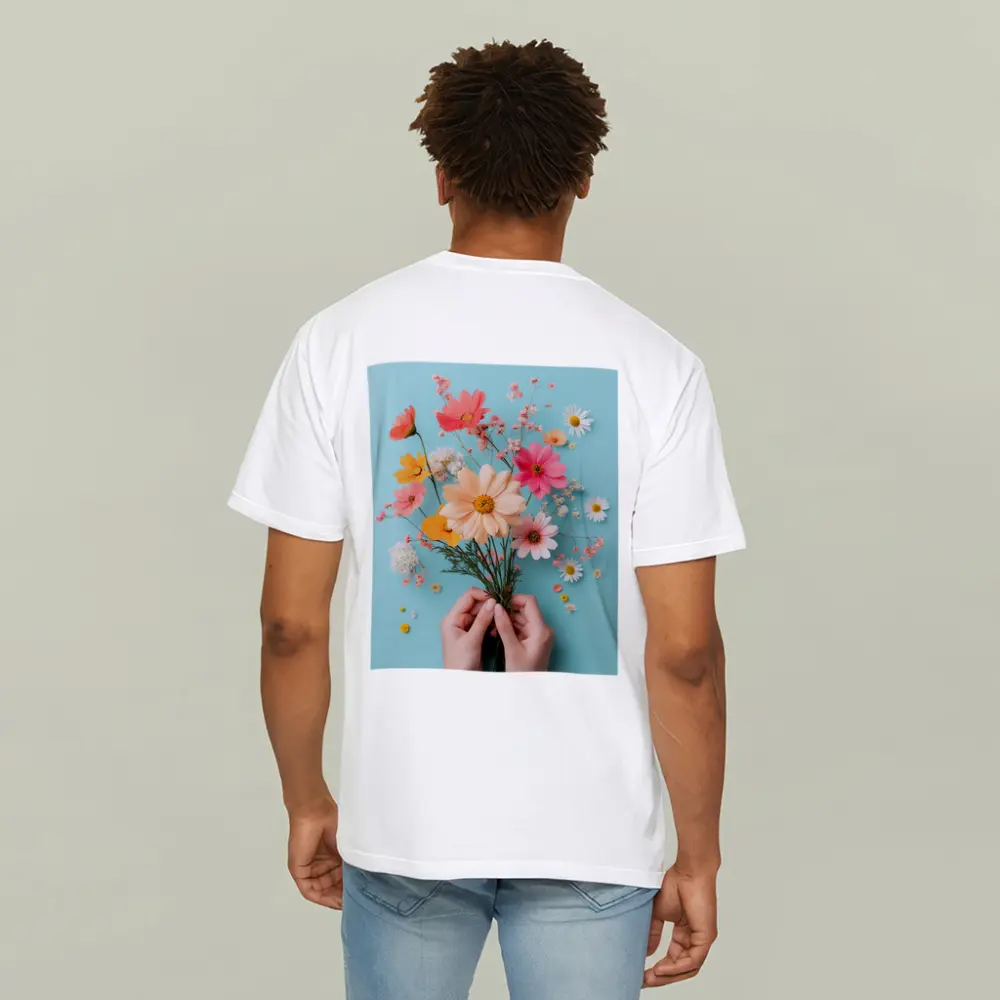 Hands Holding Wildflowers on Blue Background – T-Shirts