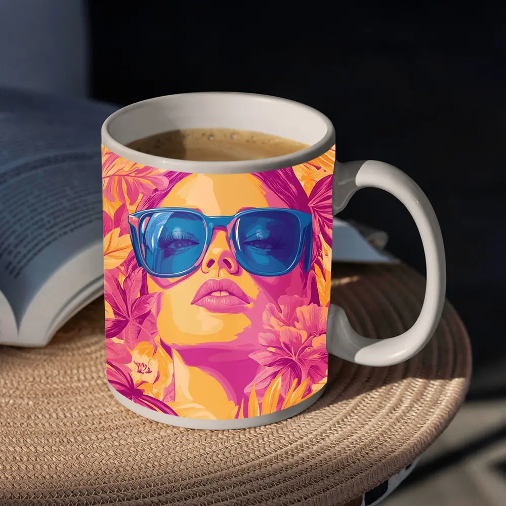 Woman With Sunglasses Tropical Floral Pop Art – Mugs