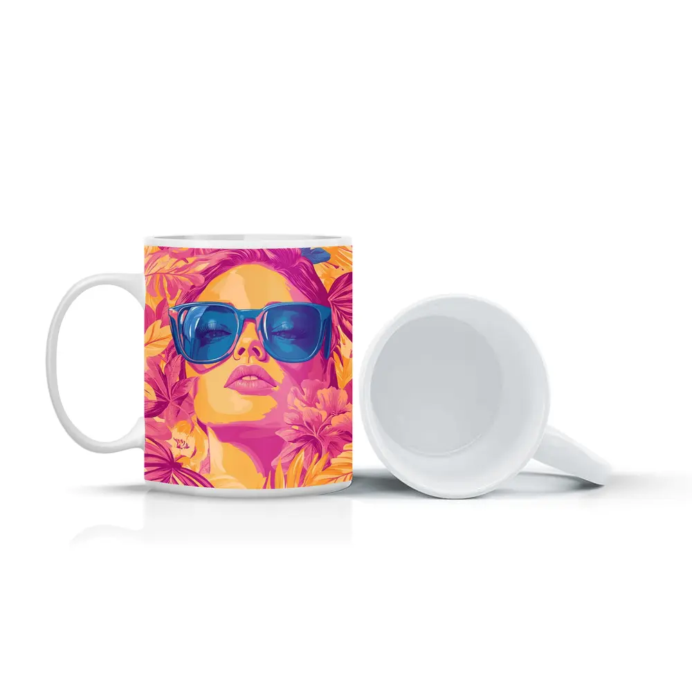 Woman With Sunglasses Tropical Floral Pop Art – Mugs