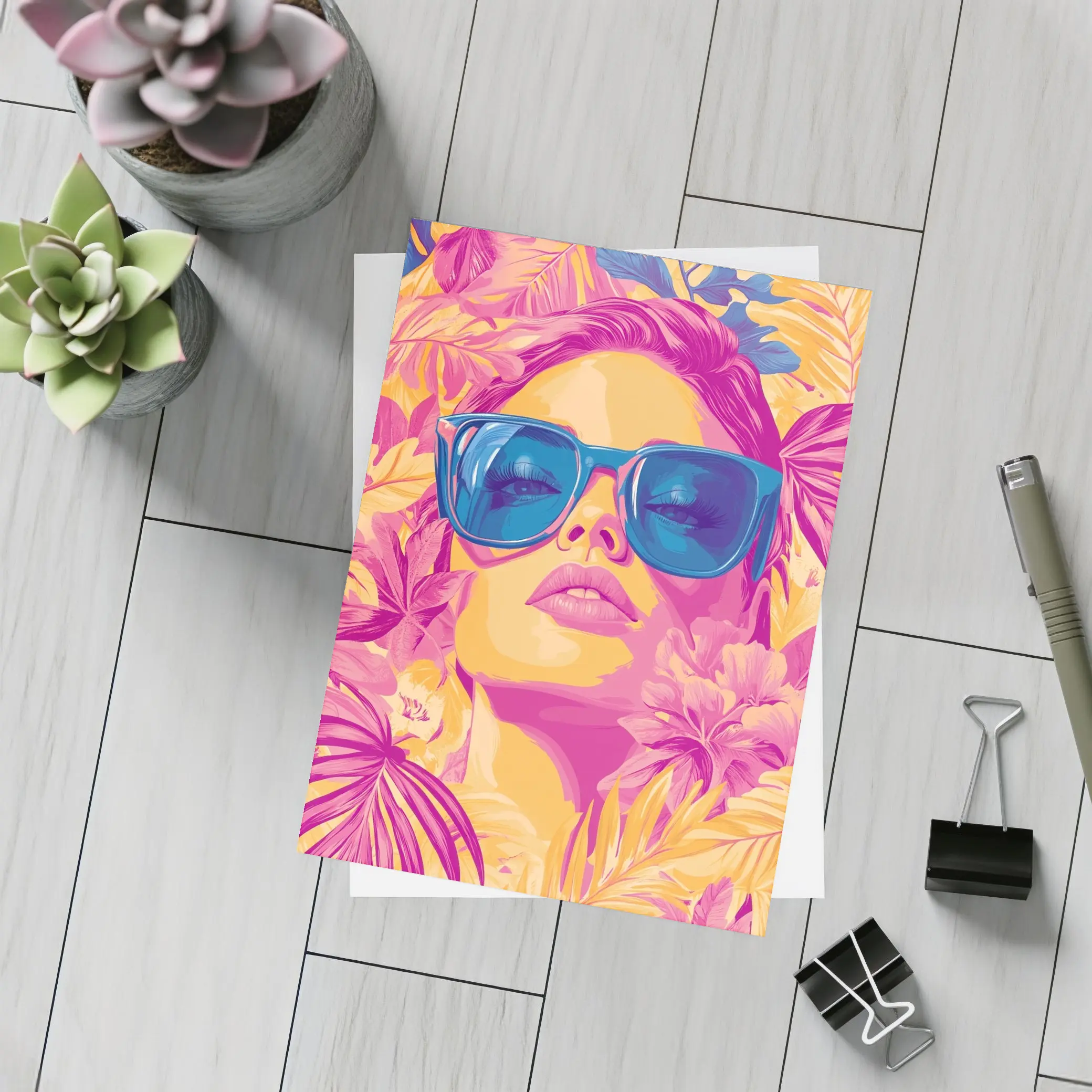 Woman With Sunglasses Tropical Floral Pop Art – Postcards