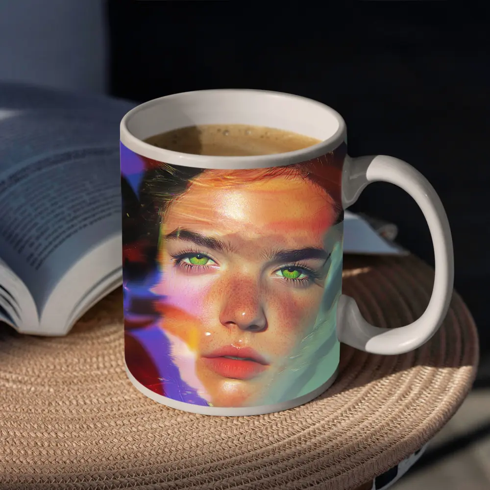 Young Woman Portrait Colorful Neon Light Art – Mugs