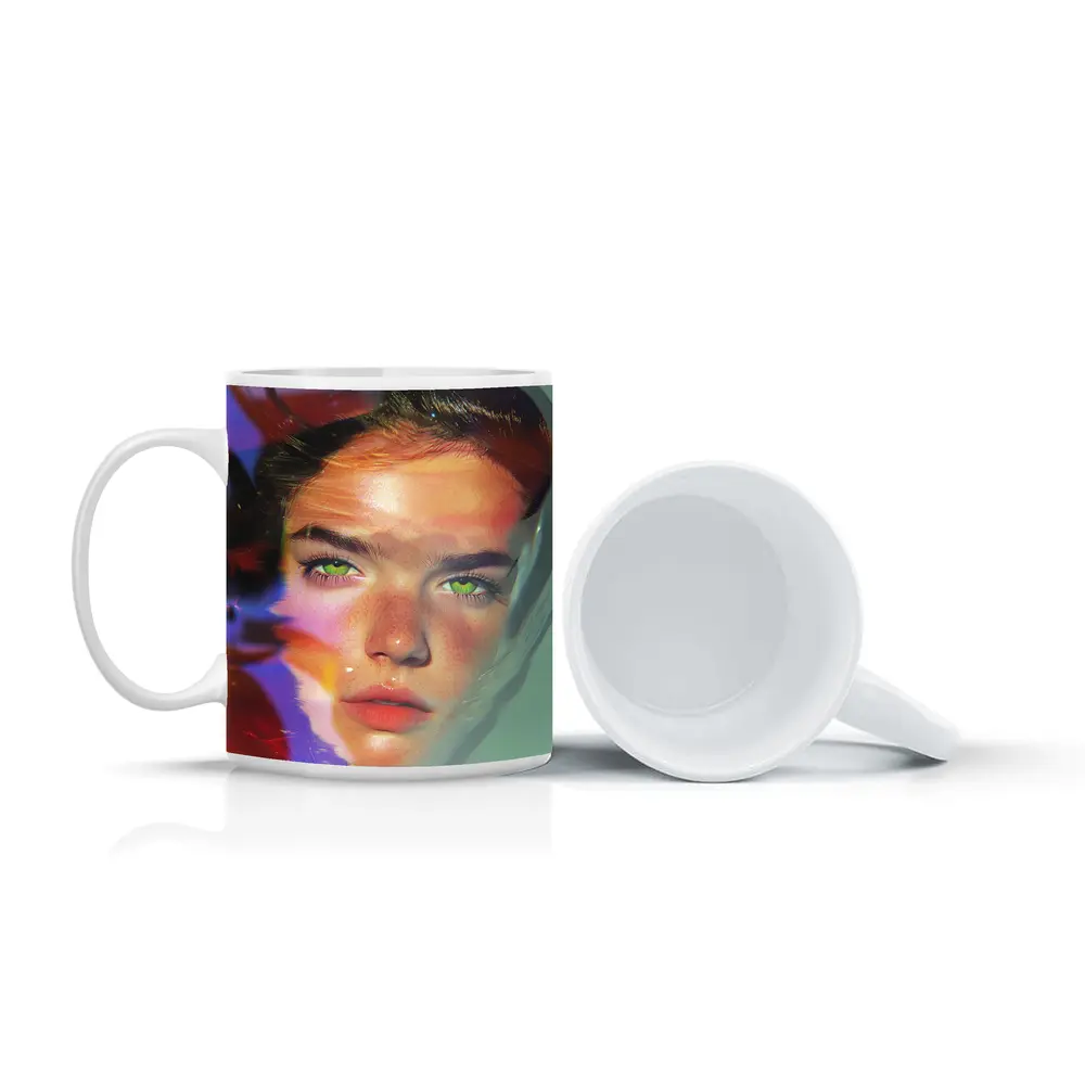 Young Woman Portrait Colorful Neon Light Art – Mugs