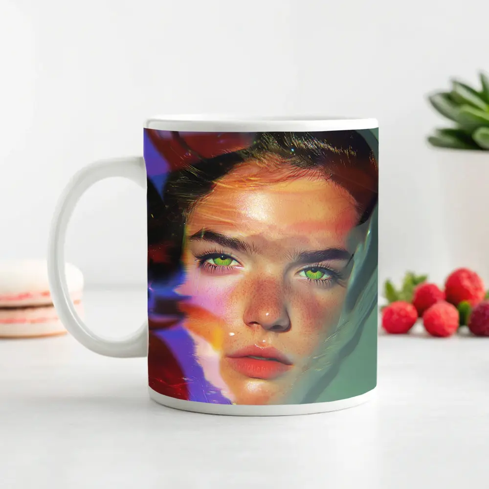 Young Woman Portrait Colorful Neon Light Art – Mugs