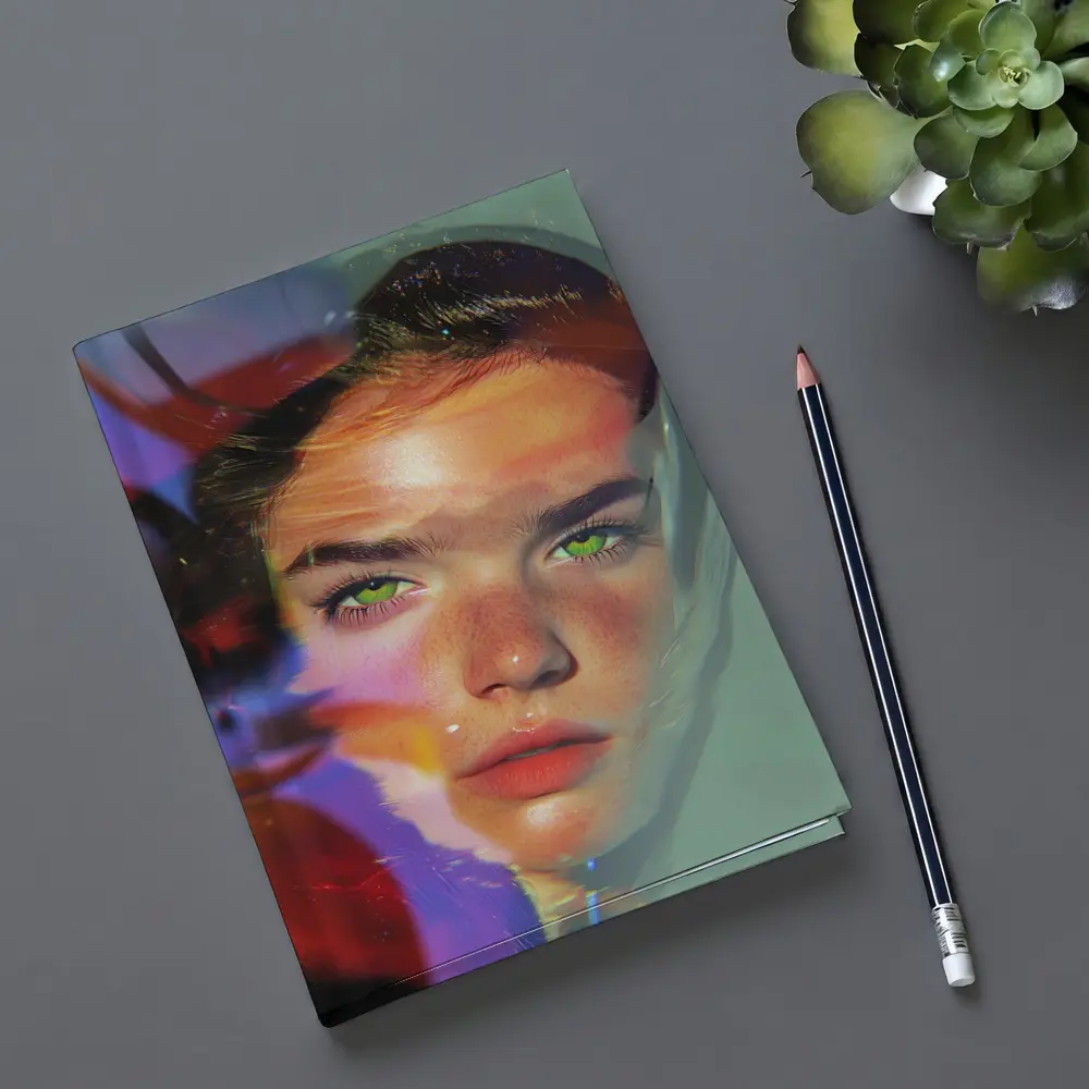Young Woman Portrait Colorful Neon Light Art – Notebooks
