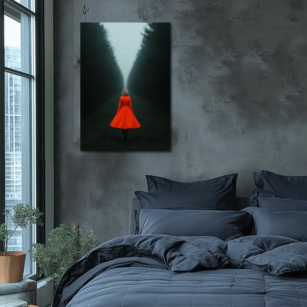 Woman Red Dress Walking Misty Dark Forest – Wall Art
