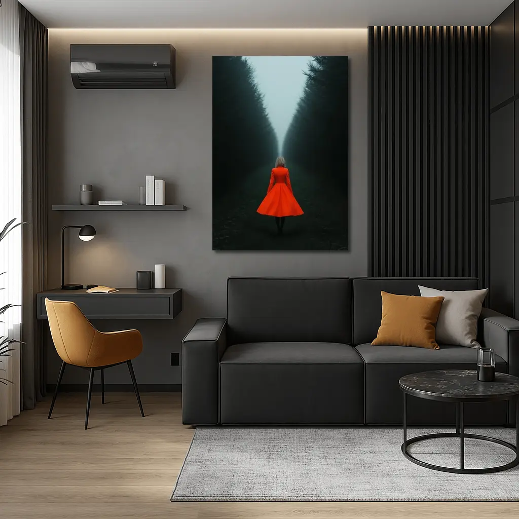 Woman Red Dress Walking Misty Dark Forest – Wall Art