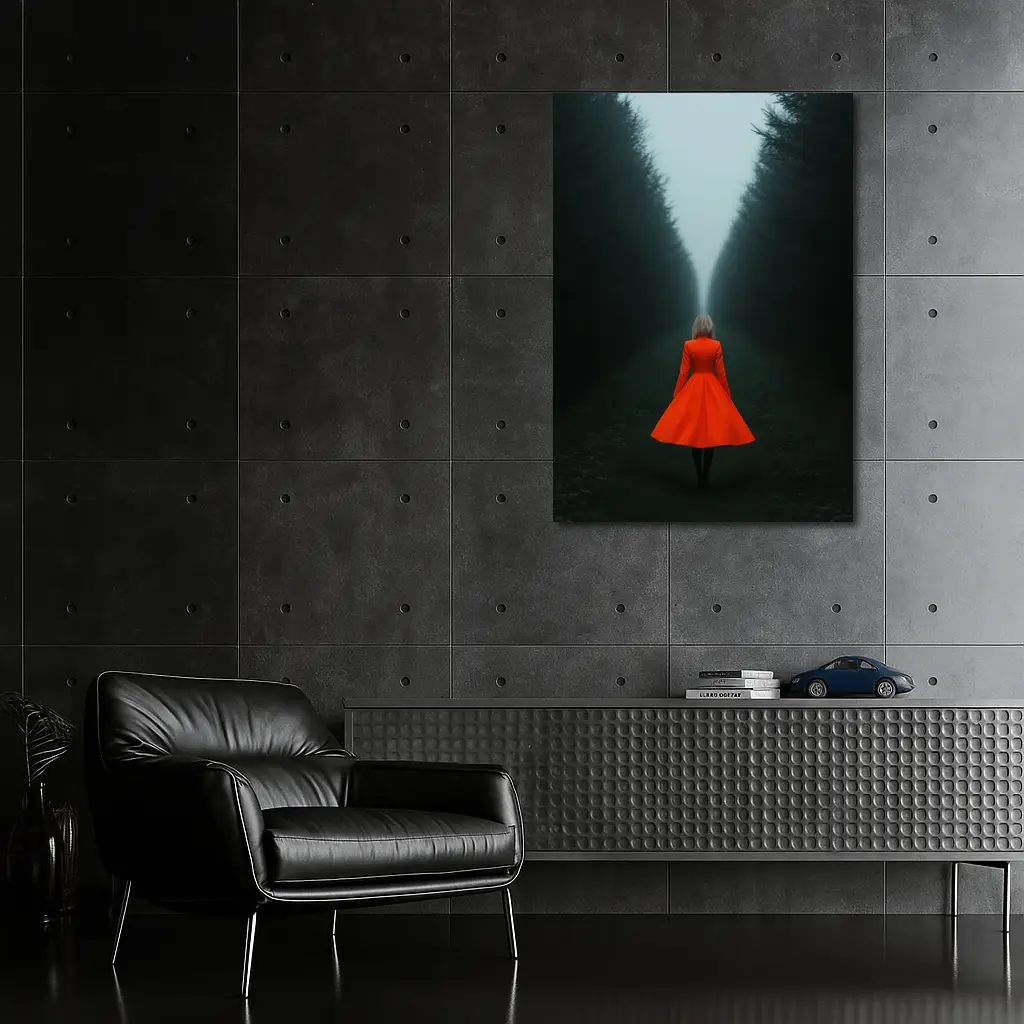 Woman Red Dress Walking Misty Dark Forest – Wall Art