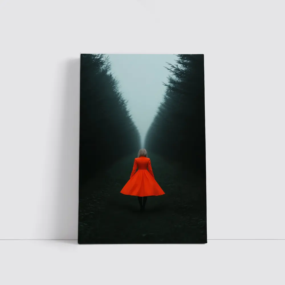 Woman Red Dress Walking Misty Dark Forest – Wall Art