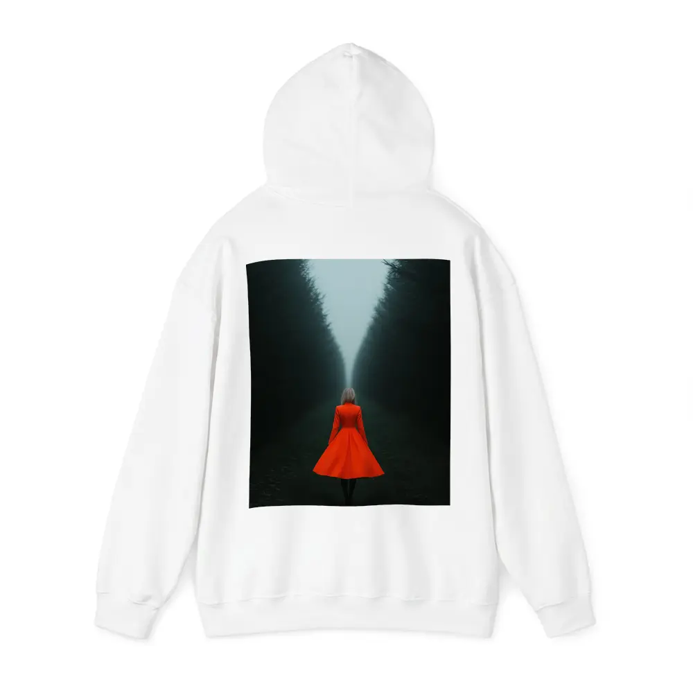 Woman Red Dress Walking Misty Dark Forest – Hoodies