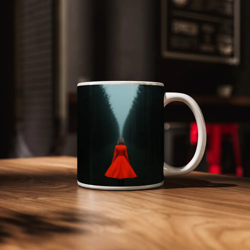 Woman Red Dress Walking Misty Dark Forest – Mugs