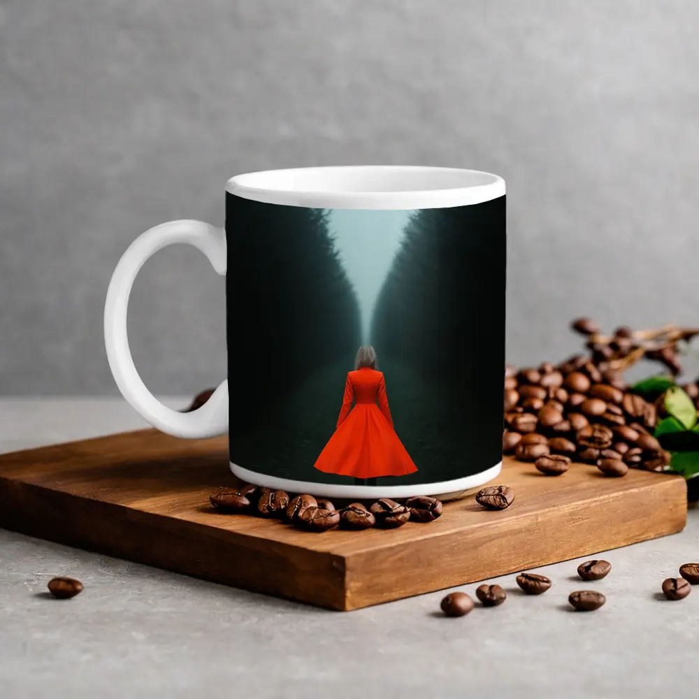 Woman Red Dress Walking Misty Dark Forest – Mugs