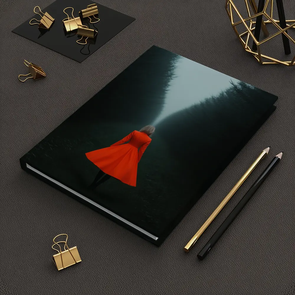 Woman Red Dress Walking Misty Dark Forest – Notebooks