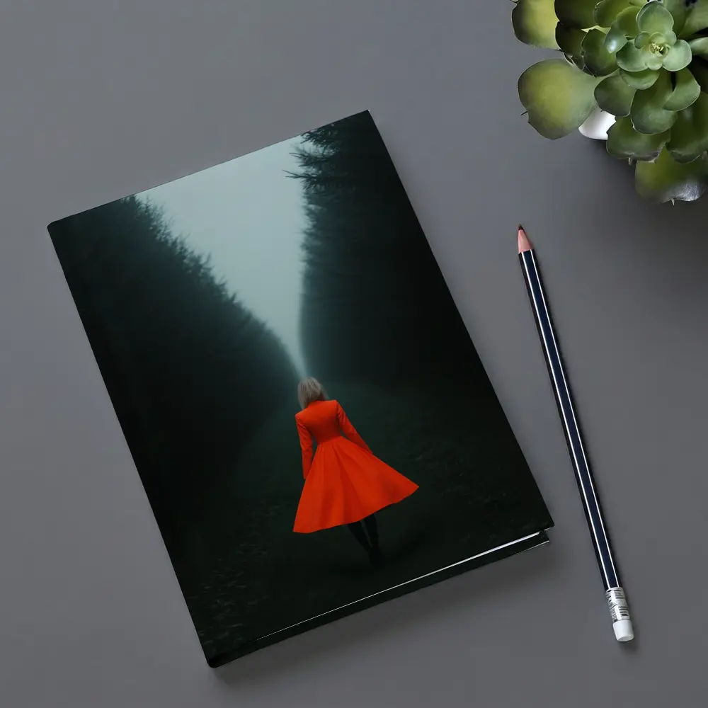 Woman Red Dress Walking Misty Dark Forest – Notebooks