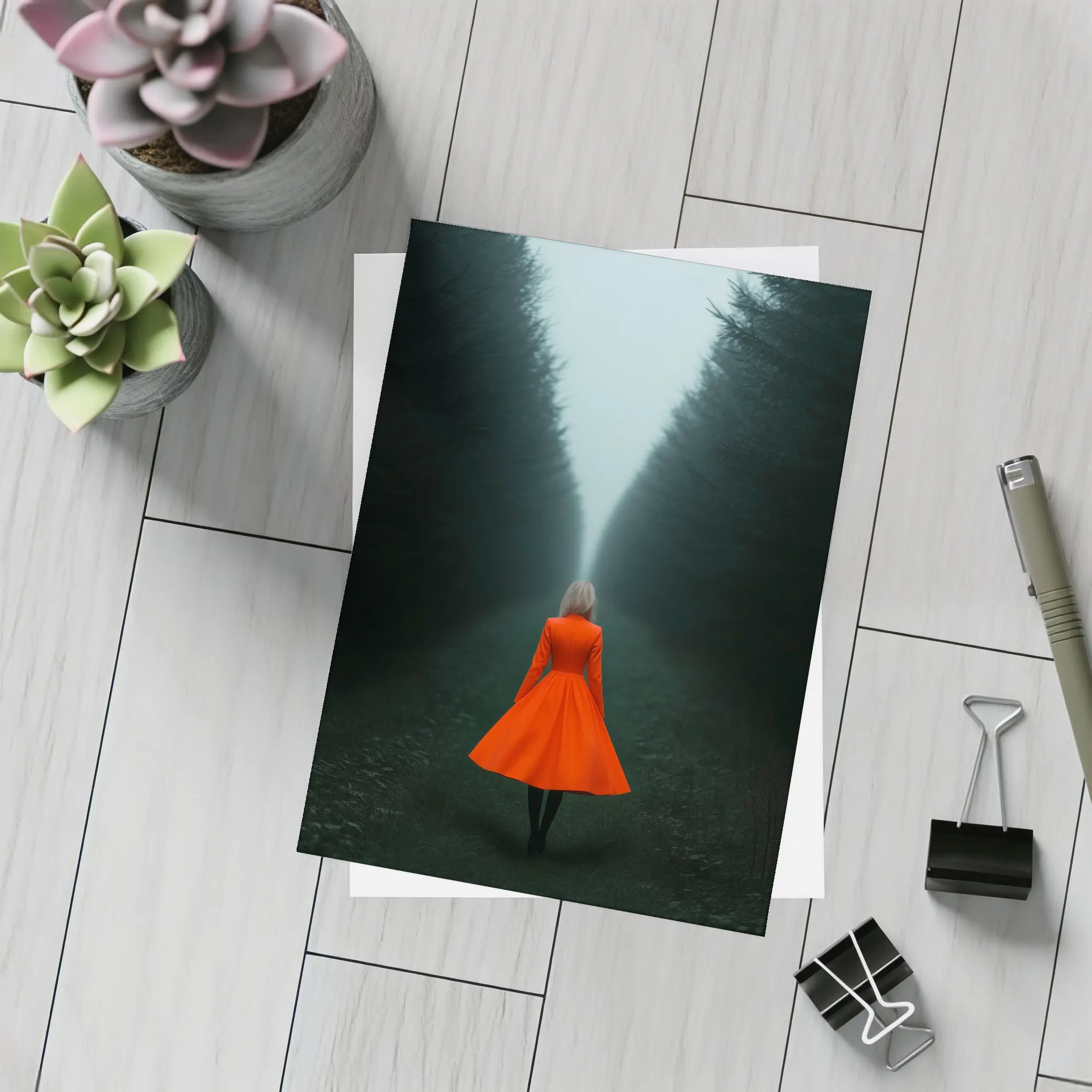 Woman Red Dress Walking Misty Dark Forest – Postcards