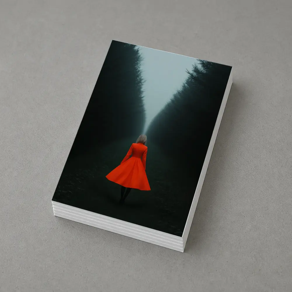 Woman Red Dress Walking Misty Dark Forest – Postcards