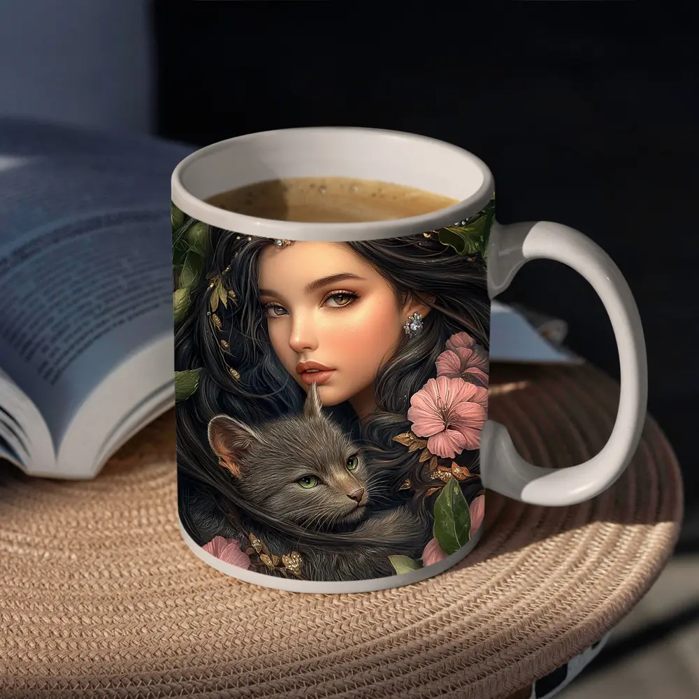 Girl With Gray Cat Pink Floral Fantasy – Mugs
