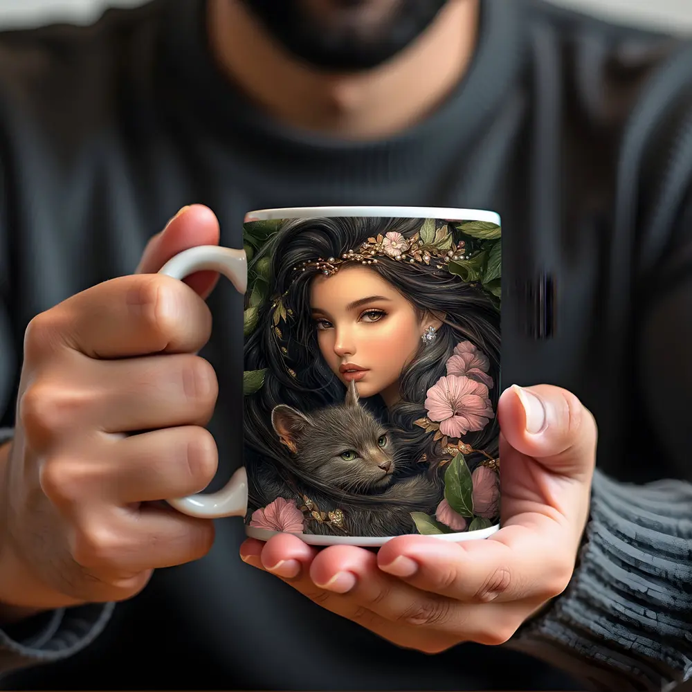 Girl With Gray Cat Pink Floral Fantasy – Mugs