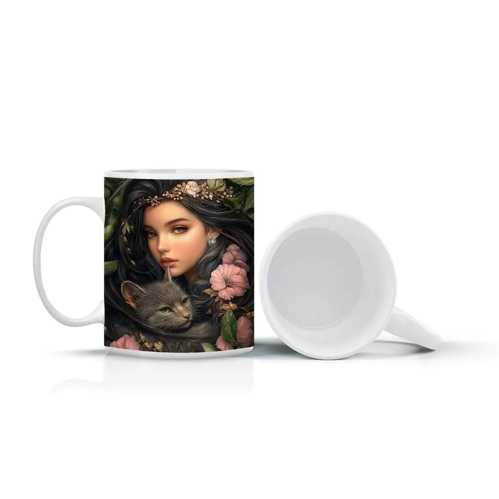 Girl With Gray Cat Pink Floral Fantasy – Mugs