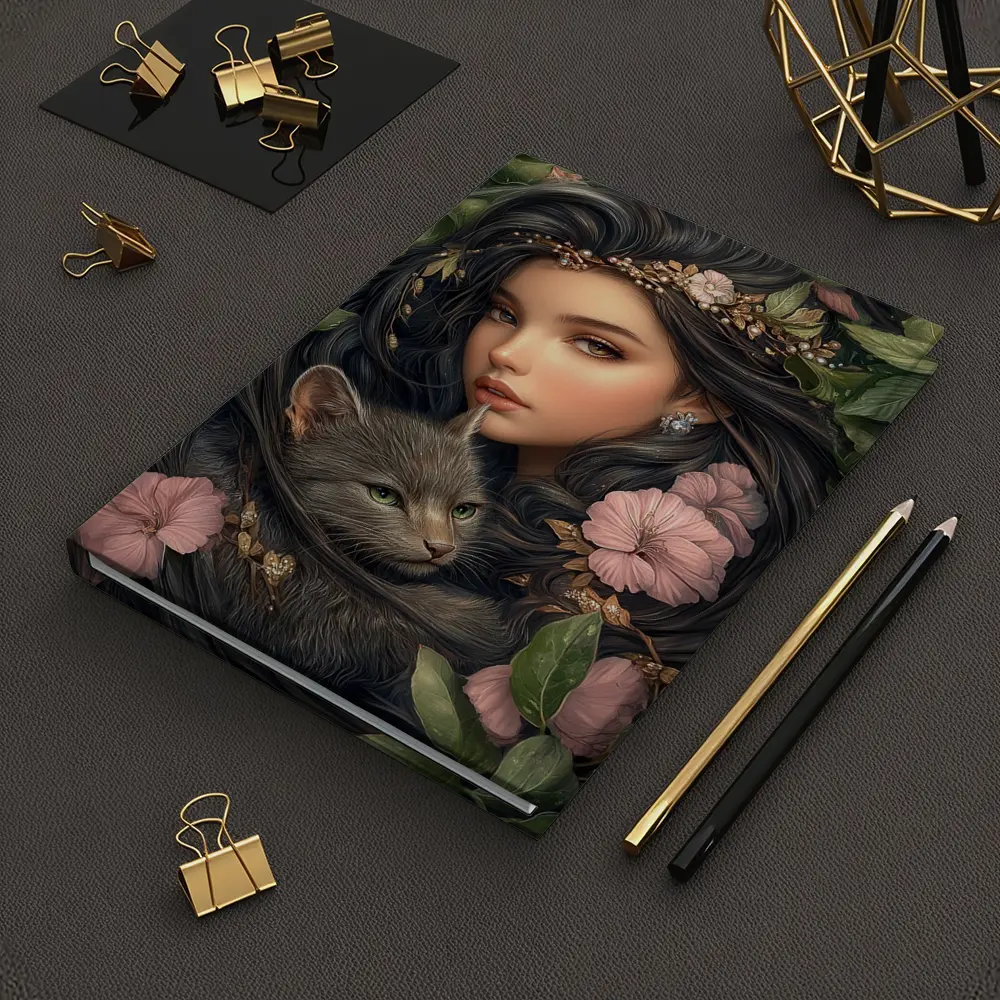 Girl With Gray Cat Pink Floral Fantasy – Notebooks