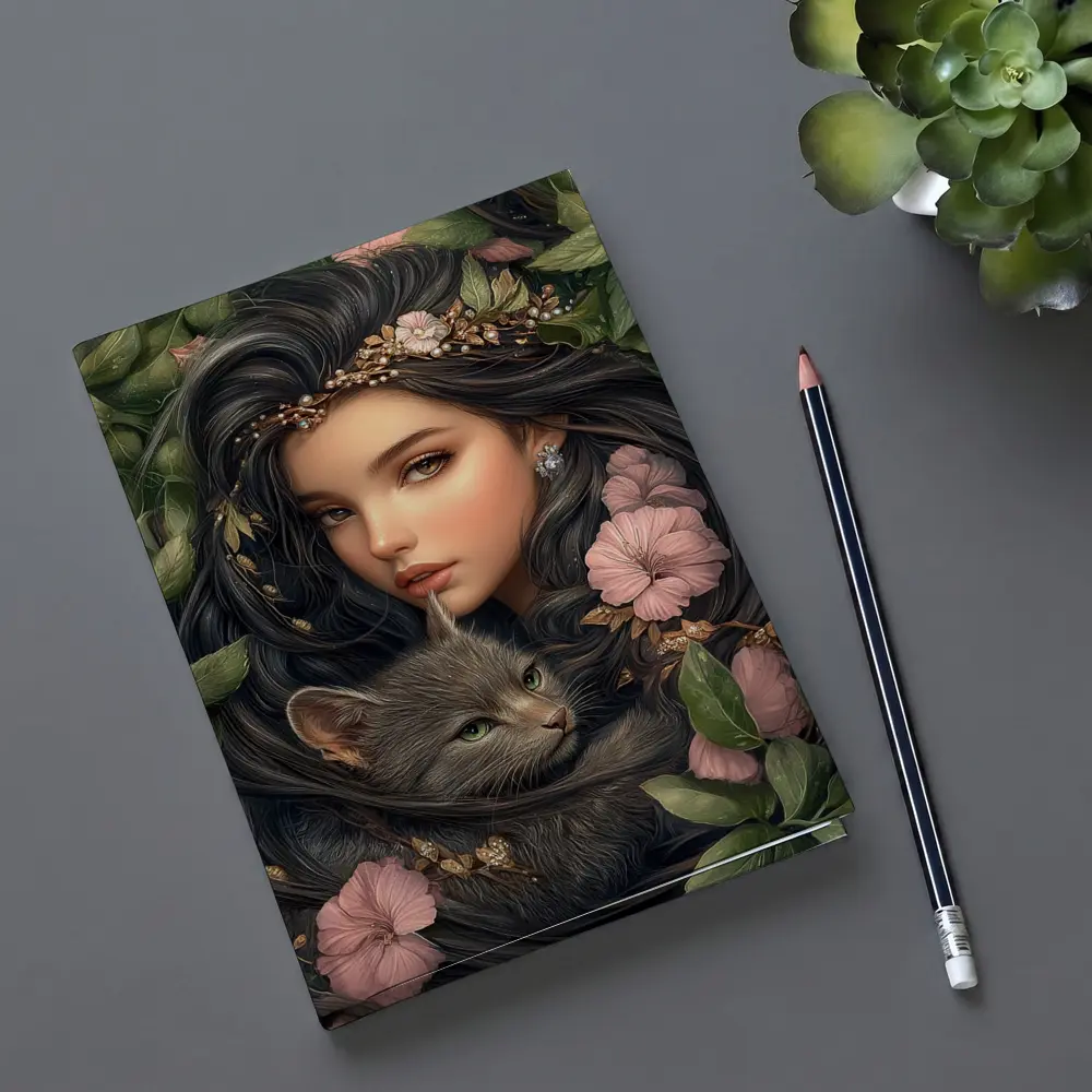 Girl With Gray Cat Pink Floral Fantasy – Notebooks