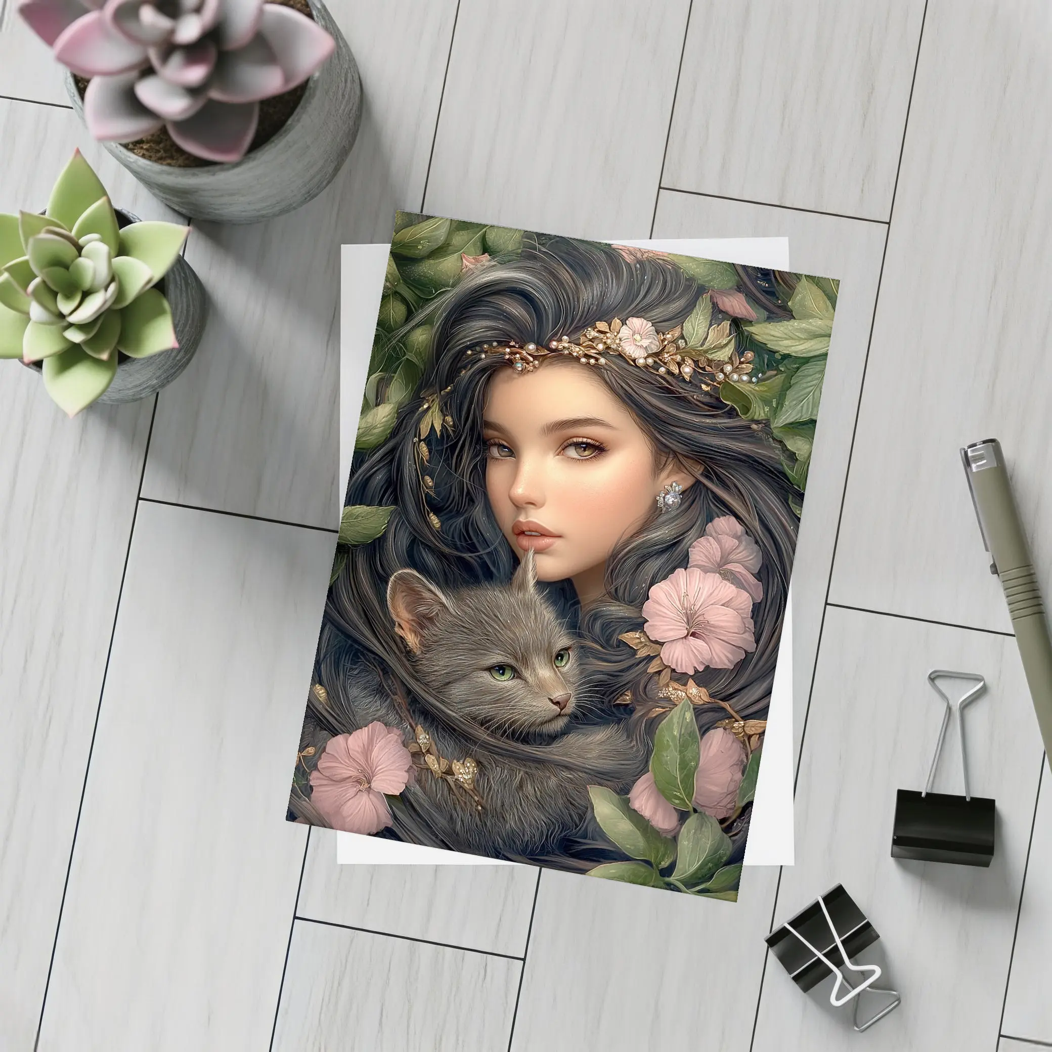 Girl With Gray Cat Pink Floral Fantasy – Postcards